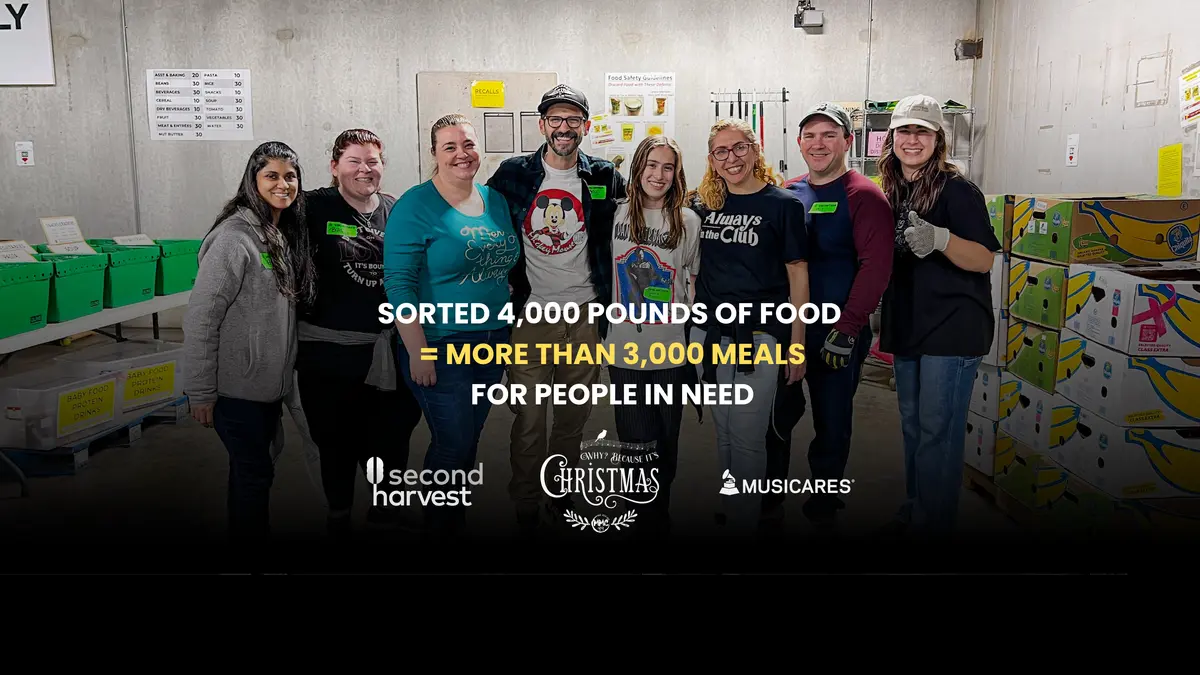 Mouseketeers volunteering at Second Harvest food bank — sorted 4,000 pounds of food = more than 3,000 meals for people in need