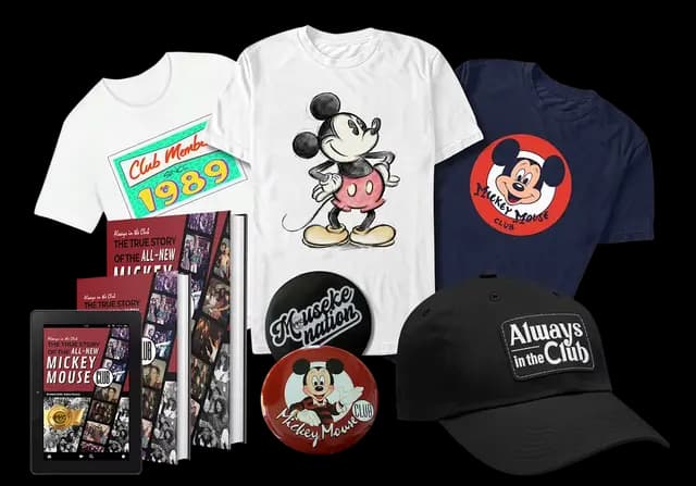 Always In The Club merch bundle — tees, cap, buttons, and the True Story book