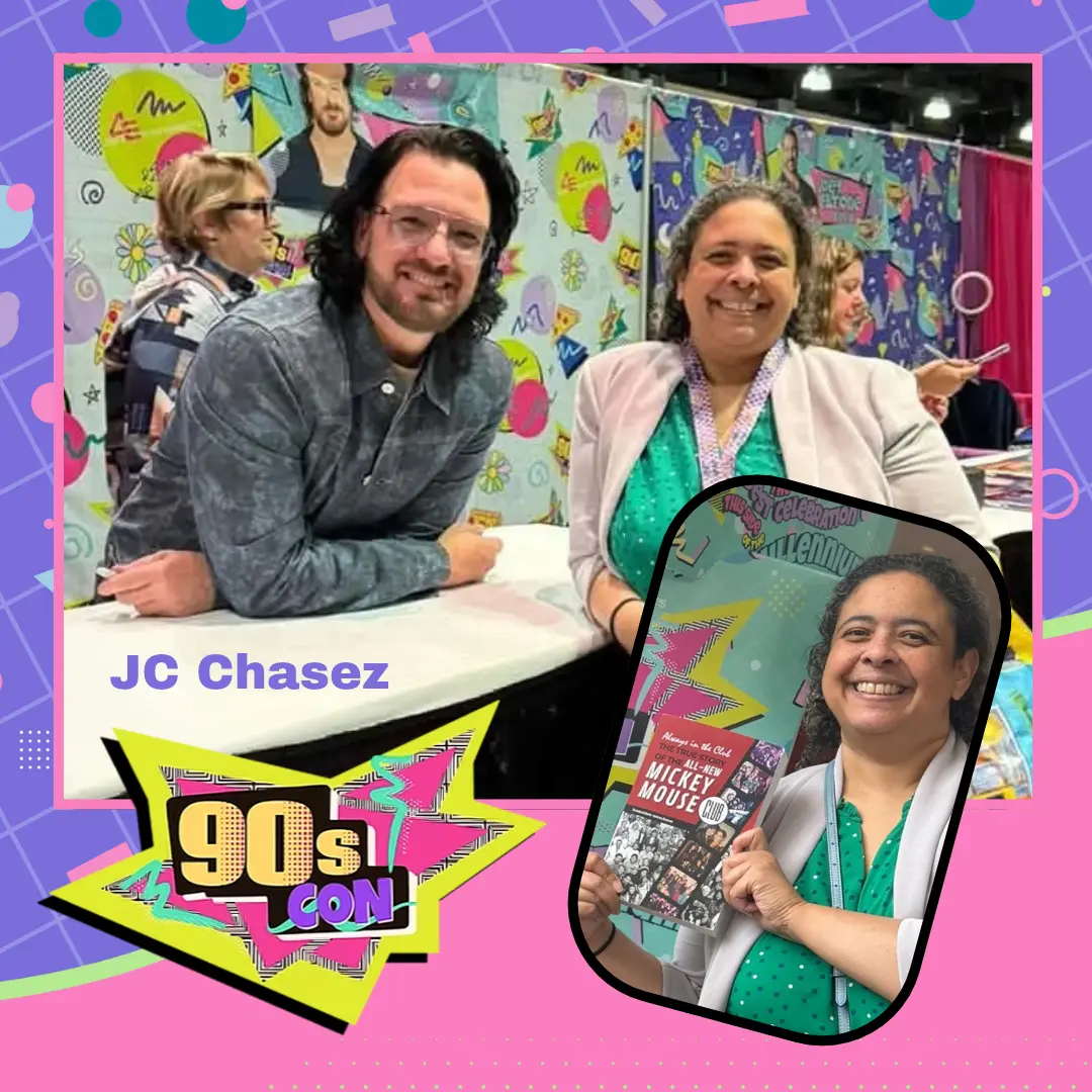 Sweepstakes winner Melissa John with JC Chasez at his 90s Con table, and holding a copy of Always in the Club